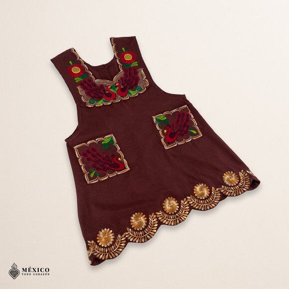 Red-Brown Mexican Embroidered Apron – Standard Kitchen Apron Floral Embroidery - Picture 5 of 8